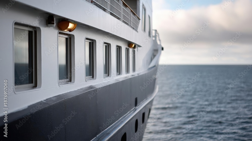 Naklejka premium Close-up of the side of a large cruise ship. the ship is white and grey in color and has multiple windows on the side.