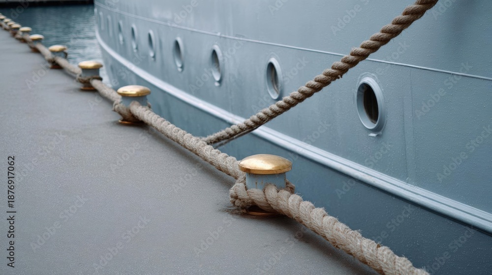 Fototapeta premium Close-up of a rope tied to the side of a large ship. the rope is coiled up in a neat and orderly manner, with small gold-colored bollards attached to it.
