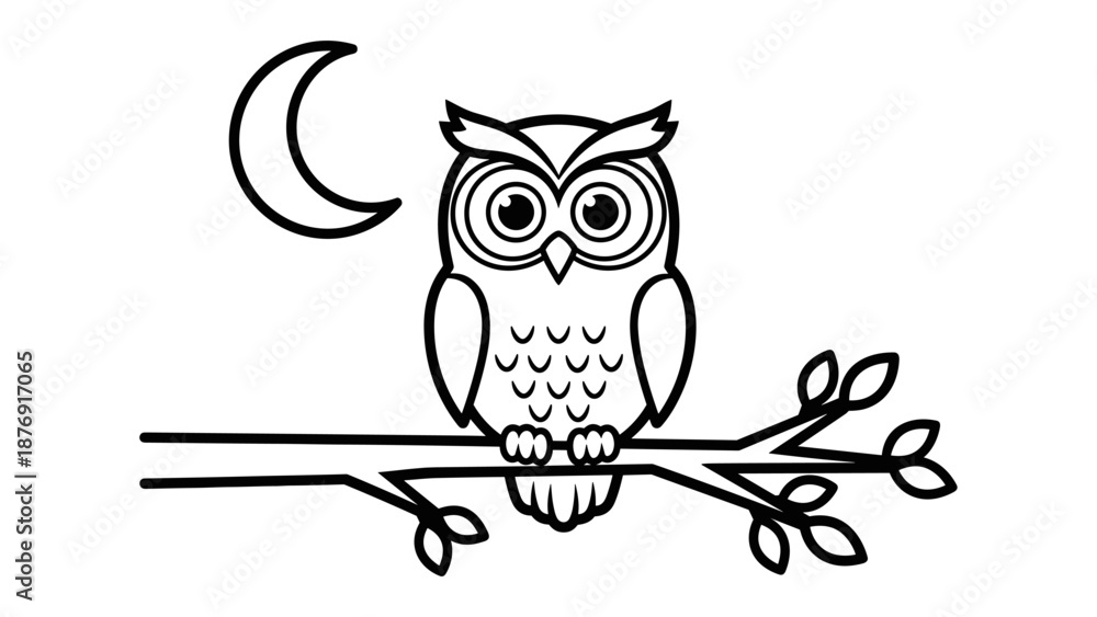Fototapeta premium Black and white owl outline with moon on branch in minimalist style