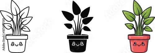 Cute potted houseplant vector illustration in outline, silhouette, and color styles