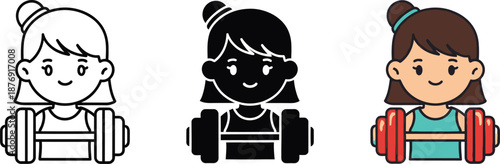 A cartoon girl lifting a dumbbell in outline, silhouette, and colored graphic styles