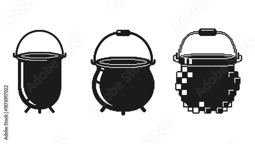 Retro pixel art cauldrons in minimalist black and white design