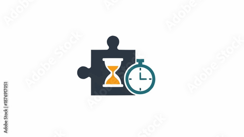 A graphic illustration depicting a puzzle piece with an hourglass and a stopwatch, symbolizing time management and problem-solving.