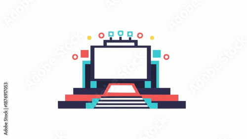 A colorful flat design illustration of a modern event stage with a large screen and steps, decorated with geometric shapes.
