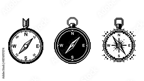 Retro pixel art compasses with arrows and directions in three unique styles