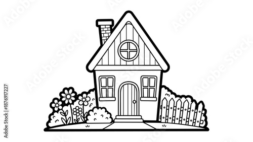 Charming black and white cartoon house with garden and fence