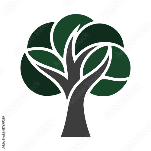 Green eco tree icon vector illustration with roots and leaves.