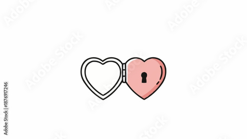 A simple, cartoon illustration of an open and closed heart-shaped locket with a keyhole, symbolizing love and secrets.