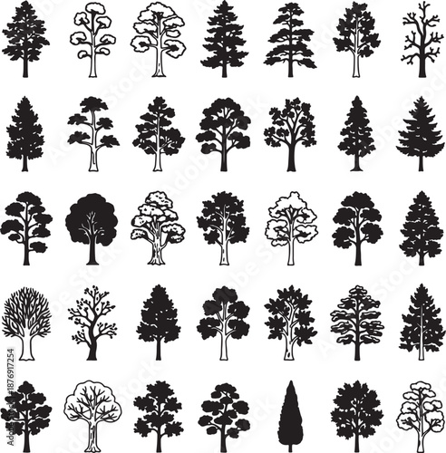 Collection of black and white tree silhouettes in various shapes and sizes arranged in a grid pattern also transparent background