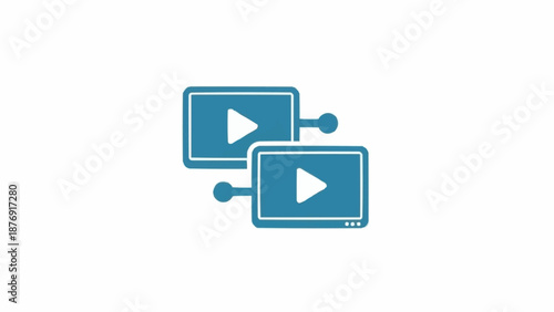 Two blue screens with play buttons and connectivity icons, representing video sharing and streaming.