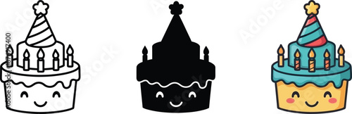 Cute cartoon birthday cake icon set with party hat and candles in various styles