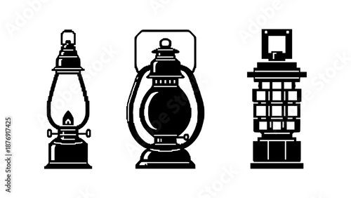 Vintage lantern silhouettes: classic oil lamp designs in black and white