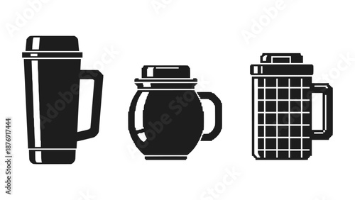 Silhouette set of three thermos designs featuring modern handles