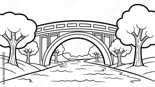 Black and white linear landscape featuring bridge and riverside trees