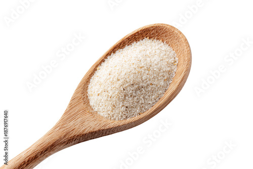 Wooden spoon filled with psyllium husk isolated on transparent background. Psyllium husk in a wooden spoon isolated on white background.