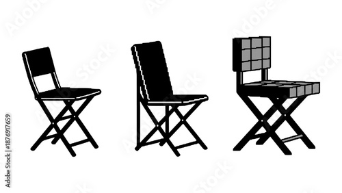 Black and white folding chair variations: pixel art, silhouette, and cubic styles