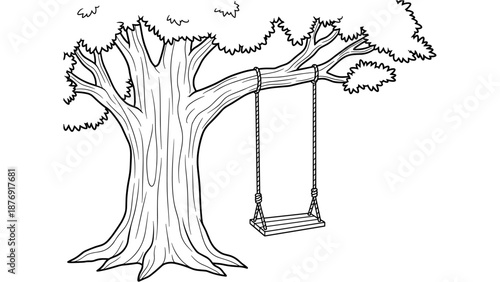 Tree with swing: black and white line art of playful outdoor scene