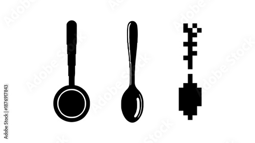 Minimalist silhouette kitchen utensils and pixelated key collection
