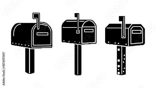 Minimalist black and white mailboxes collection with flags up