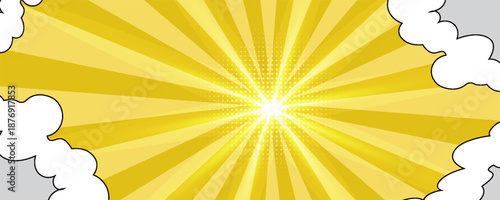 Yellow abstract background with light of sunburst. yellow starburst with halftone. sun ray retro background with flash