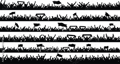 Black silhouettes of cheering crowds with flags and banners on white