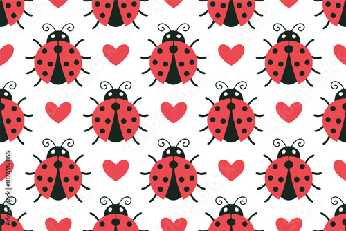 Cute Ladybug Seamless Outline Pattern  Hearts, Flowers, and Cartoon Bugs