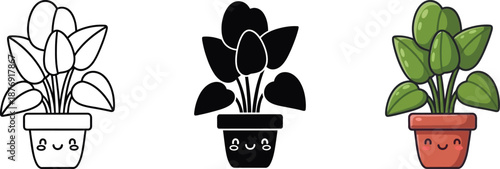 Cute potted houseplant illustration set: outline, silhouette, and colored versions
