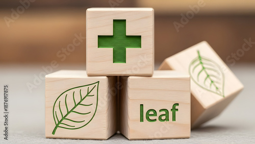 Wooden blocks engraved with plus and leaf symbol, positive environmental impact concept