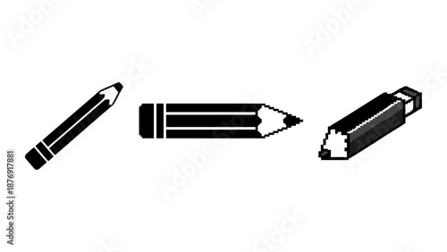 Pixel art pencils and eraser in black and white