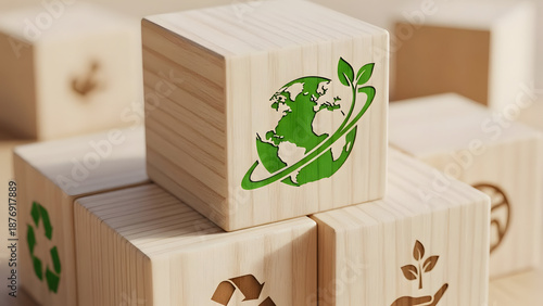 Wooden blocks with green planet symbol, global eco responsibility concept, sharp focus, light blurred background