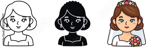Three artistic styles of a beautiful bride: outline, silhouette, and colored cartoon illustration
