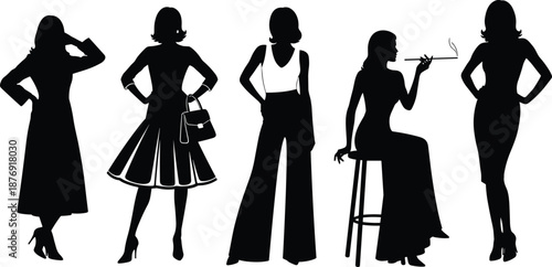 Black silhouettes of five women in different poses and outfits white background fashion