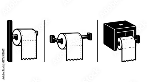 Minimalist icons of toilet paper dispensers in black and white design