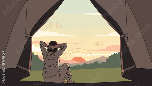 Woman Relaxing Inside Tent Admiring Sunrise Scenic Outdoors Lifestyle Concept