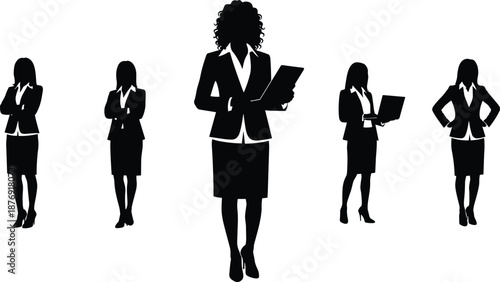 Black silhouettes of five businesswomen in various poses with office wear and laptops