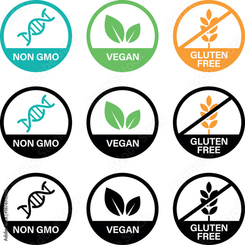 A collection of food labels indicating non GMO, vegan and gluten free dietary options