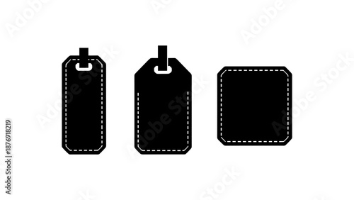 Set of black tag icons with stitching in silhouette style on white background