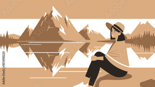 Woman Sitting By Peaceful Lake With Mountain View In Beige Tone Colors