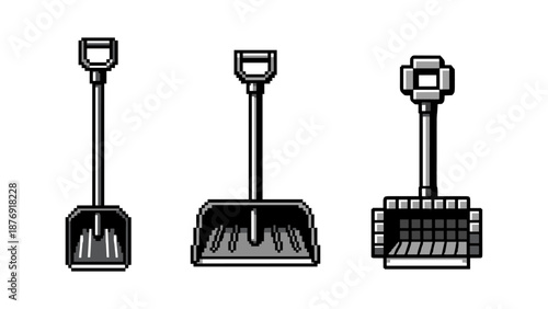 Retro pixel shovel set featuring unique snow, garden, and coal designs