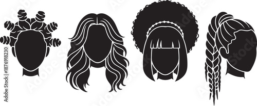 Four black and white hairstyle silhouettes with different braided and curly styles braids curls