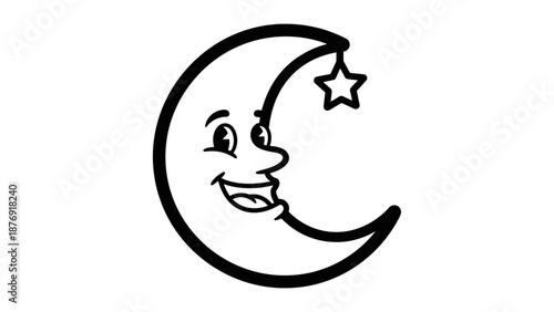 Smiling crescent moon with star icon in simple line art style