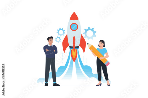 Two people standing by a cartoon rocket with gears and clouds startup business team