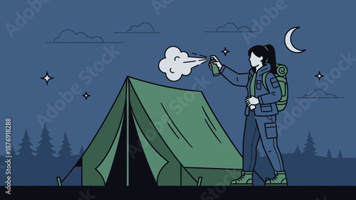 Woman Spraying Tent at Night During Camping Trip Graphic Illustration