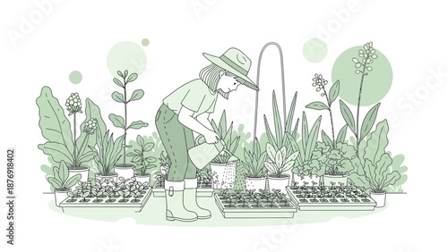 Woman Tenderly Caring For Her Plants At Her Green Garden Space Concept