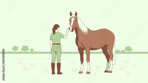 Woman Touches Horse On Nature Ranch In Simple Hand Drawn Style Illustration