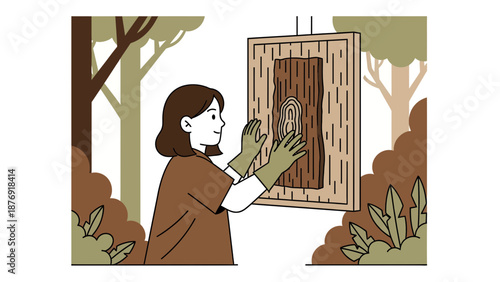 Woman Touches Wood Artwork In Natural Environment Artistic Forest Project