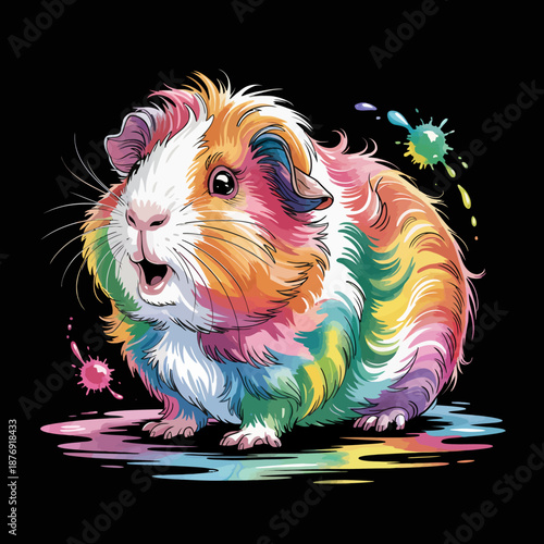 A guinea pig covered in vibrant, swirling colors appears expressive and lively.