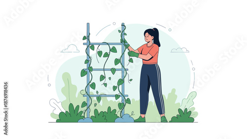 Woman Training Climbing Plants In The Garden During Springtime Season