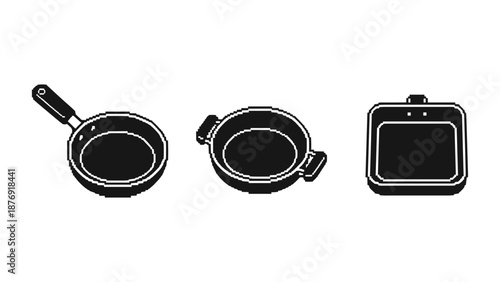 Retro pixel art cookware set featuring frying pan, saucepan, and griddle