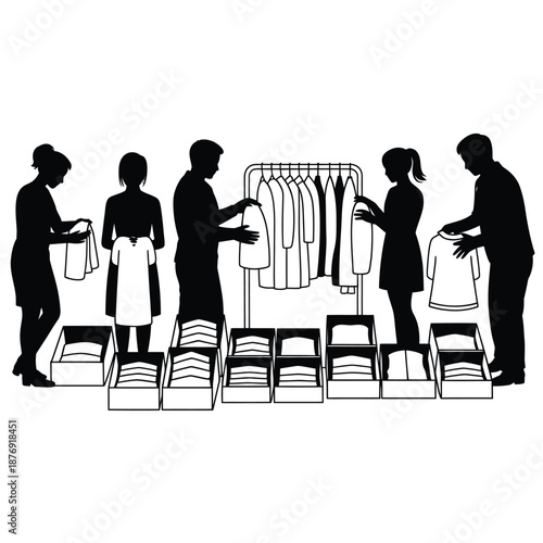 People shopping for clothes in a boutique browsing various garments